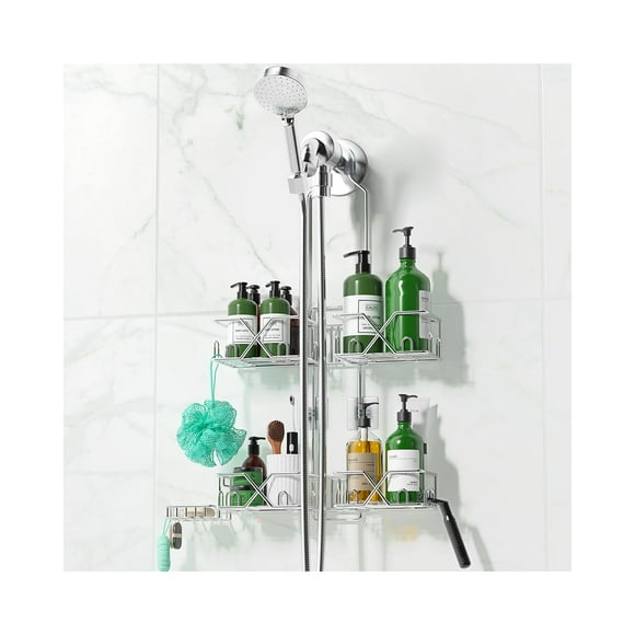 Stainless Steel Shower Caddy for Handheld Shower Heads,Rustproof Hose Shower Organizer Adjustable Length Shower Rack with 24 Hooks,Razor Holder,Soap