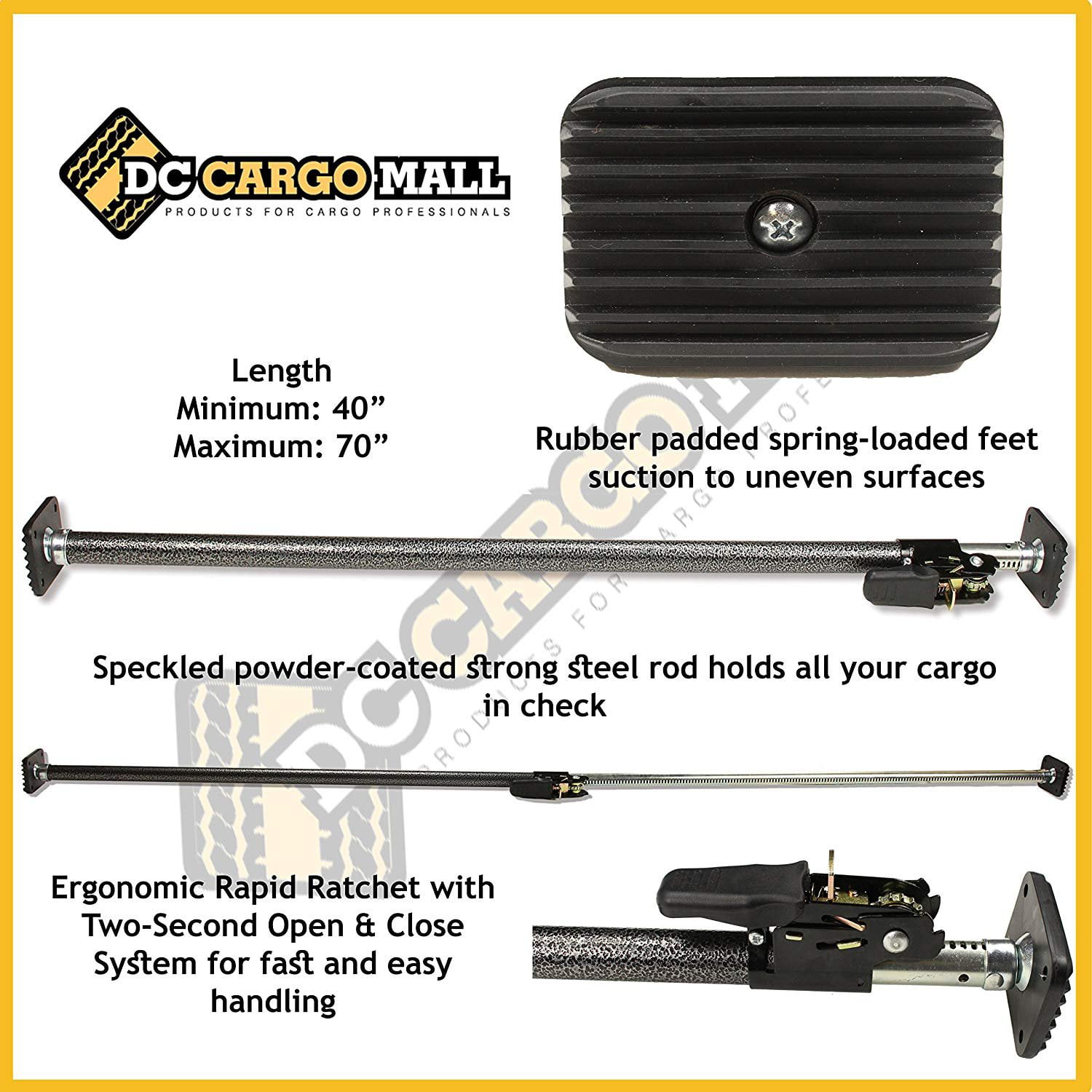 DC Cargo Mall Cargo Bar Adjustable 40"-70" Small RAPID RATCHET Strong Steel Loa 