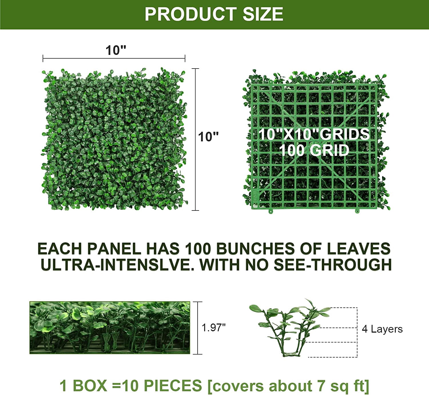 4-Layer Grass Wall Panels, 10"x 10"(10pcs) Artificial Green Wall Panel Backdrop Greenery Wall with 100 Zip Ties