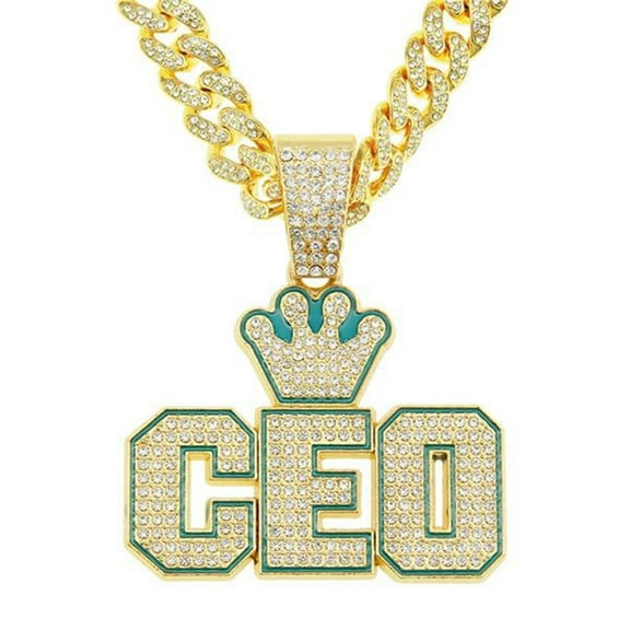 Men Women Hip Hop Crown Letter CEO Pendant Necklace With Crystal Cuban Chain HipHop Iced Out Bling Necklaces Fashion Charm Jewelry
