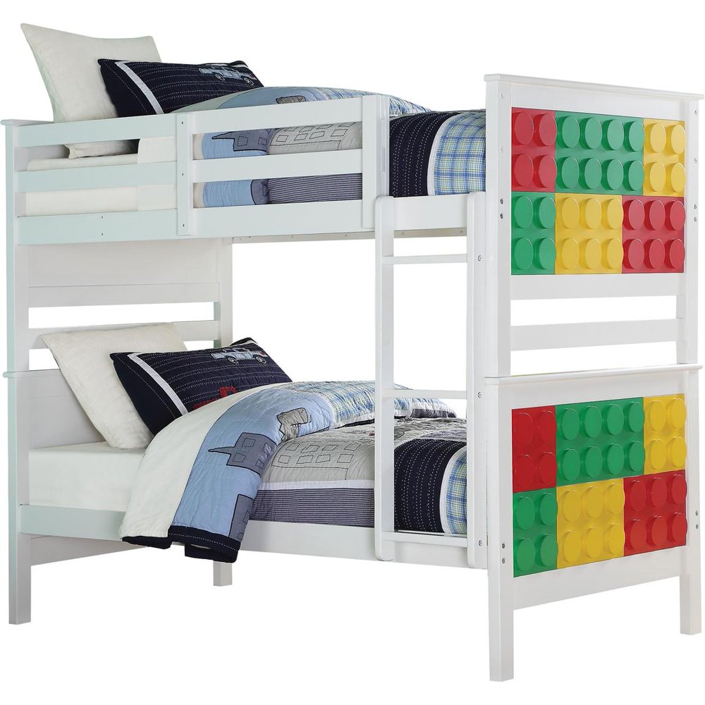 80" X 43" X 65" White & MultiColor Twin Over Twin Playground Bunk Bed