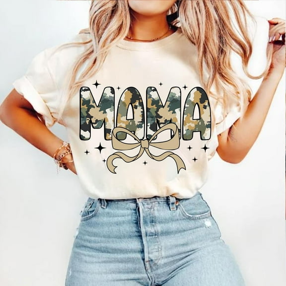 Camo Mama T-Shirt, Coquette Camouflage Mama Shirt, Retro Varsity Mama Tee, Duck Camo Mom Shirt, Mother’s Day Gift T-Shirt