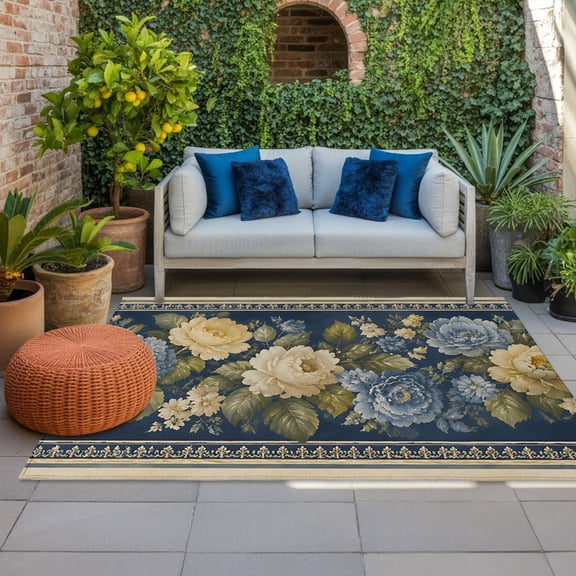 Outdoor Rug, White Blue Flowers Hydrangea Indoor Area Rug Outdoor Carpet RV Camping Rugs 4x6ft Green Leaves Outside Mat for Patio Picnic Porch Deck Balcony Backyard