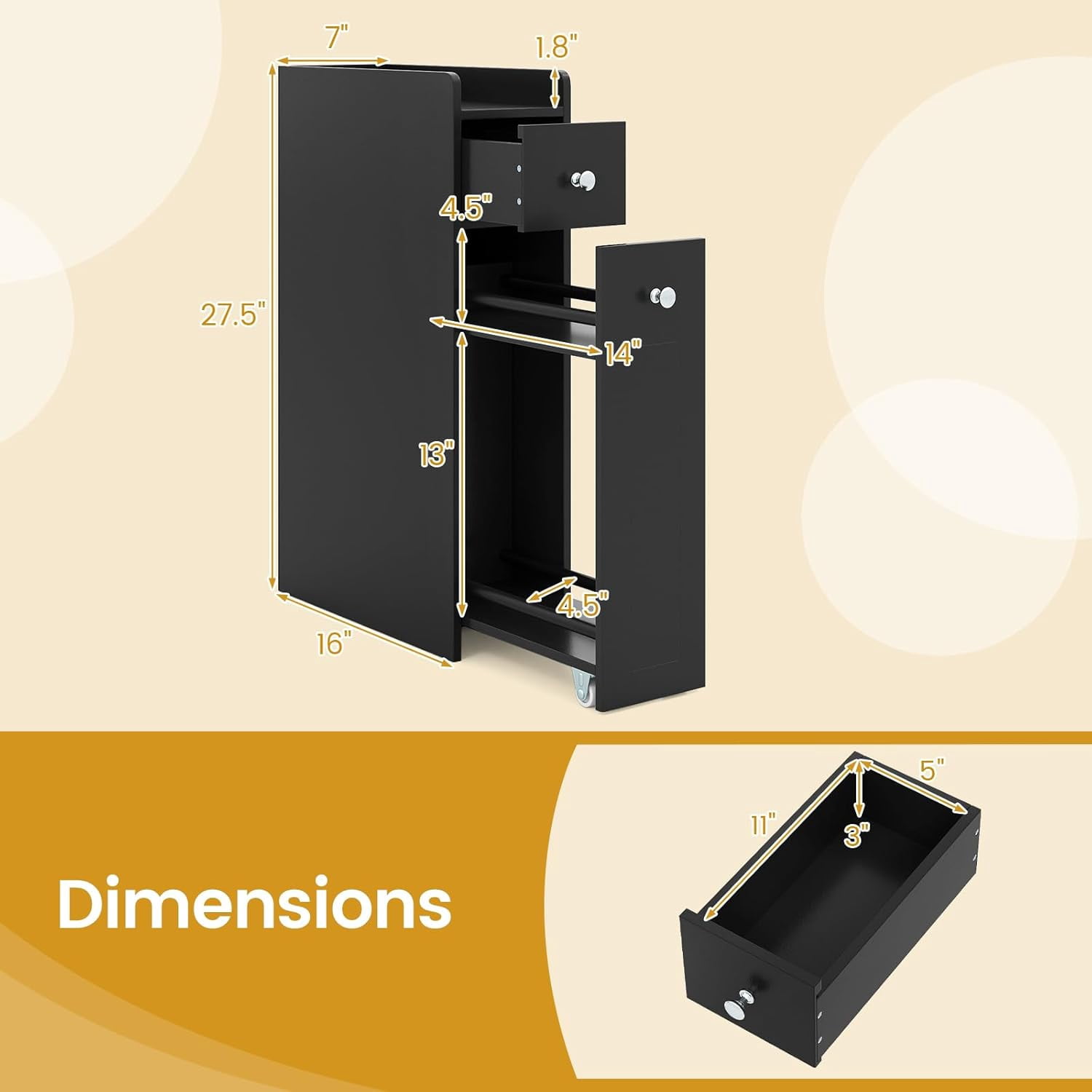 CHTER Slim Bathroom Storage Cabinet, 4-Tier Narrow Small Side Storage Cabinet Next to Toilet, Slide Out Drawers on Casters, Bathroom Floor Organizer Toilet Paper Holder for Small Spaces (Black)