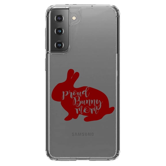 DistinctInk Clear Shockproof Hybrid Case for Galaxy S21 5G (6.2" Screen) - TPU Bumper Acrylic Back Tempered Glass Screen Protector - Proud Bunny Mom - Rabbit
