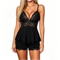 thumbnail image 2 of Fatuov Women's Lace Pajama Set V-Neck Camisole Sleepwear for Sleep, Home Comfortable PJ Sets with Elastic Waist Slit Shorts, Black, Size S-XL, 2 of 5