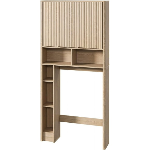 Over the Toilet Storage Cabinet, Toilet Storage with Adjustable Shelf and Bottom Bar, Over Toilet Bathroom Organizer with Wave Pattern Cabinet Doors, 31 IN W, for Restroom, Laundry, Living room, Oak