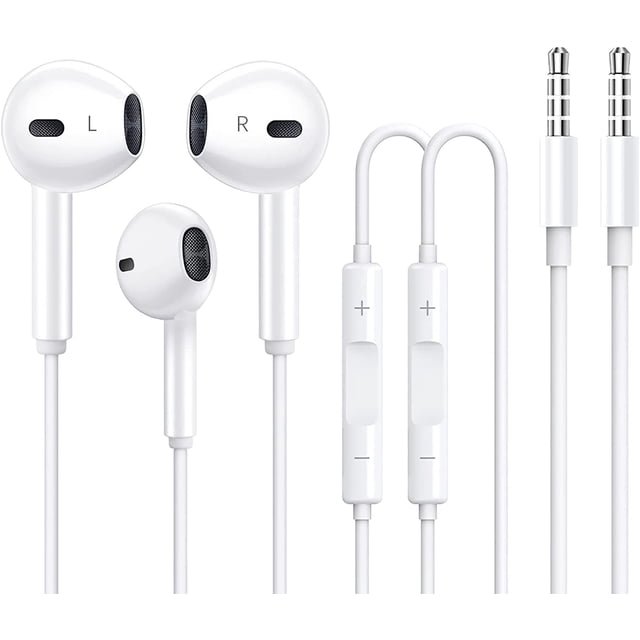 Auriculares AVIWIS de 3,5 mm con micrófono para iPhone, color blanco, paquete de 2