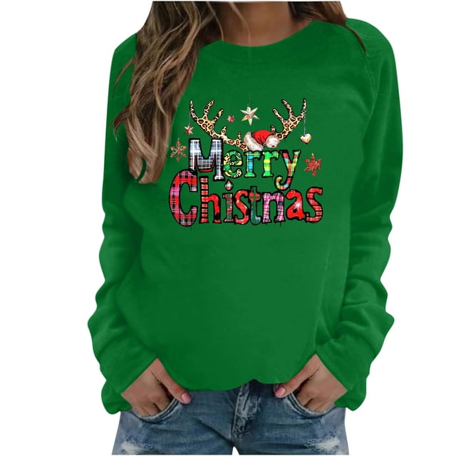 lcziwo Chandail de Noël pour Femme Coupe Ample Col Rond Chandails Graphiques de Noël Chandails Légers à Manches Longues Automne Hiver Chandail Confortable Vert Armée,P