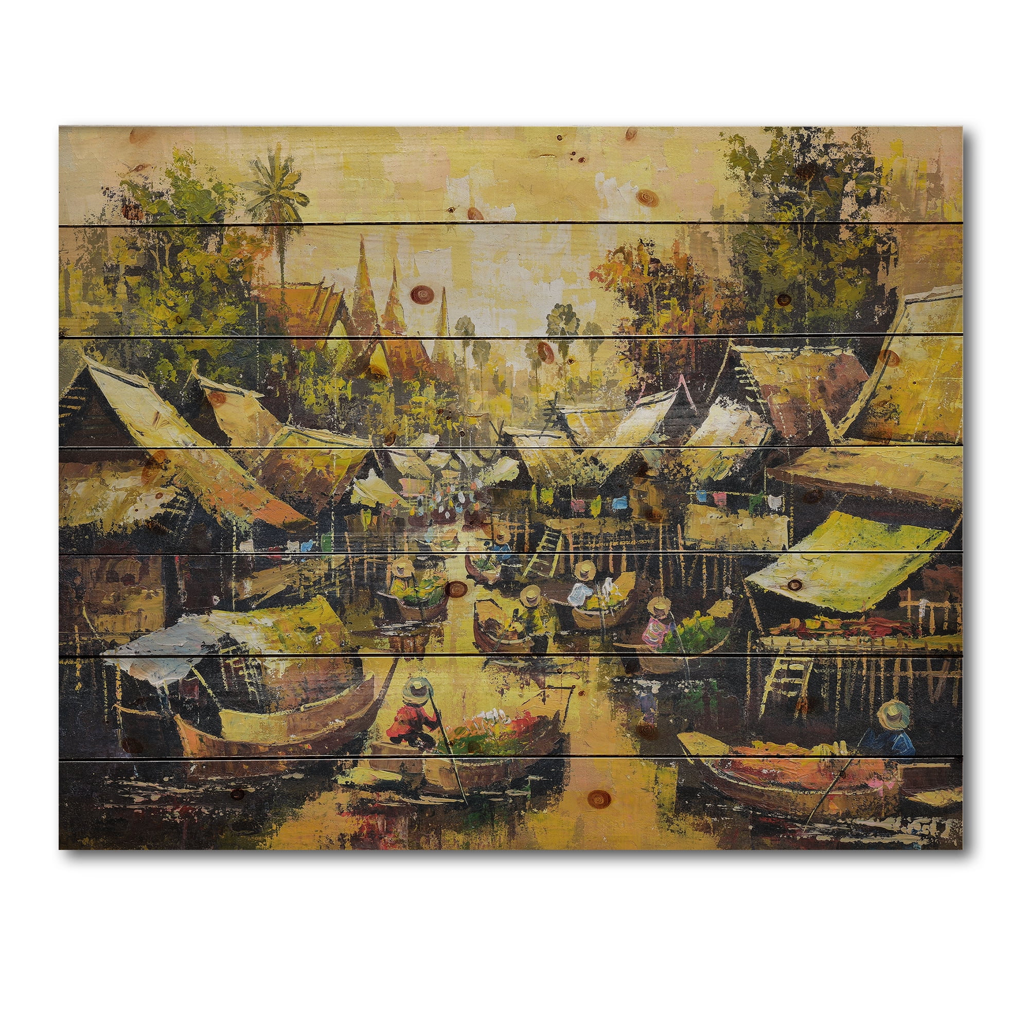 Designart 'Ancient Waterside Life II' Traditional Print on Natural Pine Wood