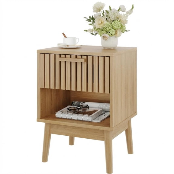 Garvee Boho Nightstand, Small Side Table with Drawer and Open Shelf, Bedside End Table with Wood Strip Decorated Drawer for Bedroom, Dorn, Living Room and Small Spaces