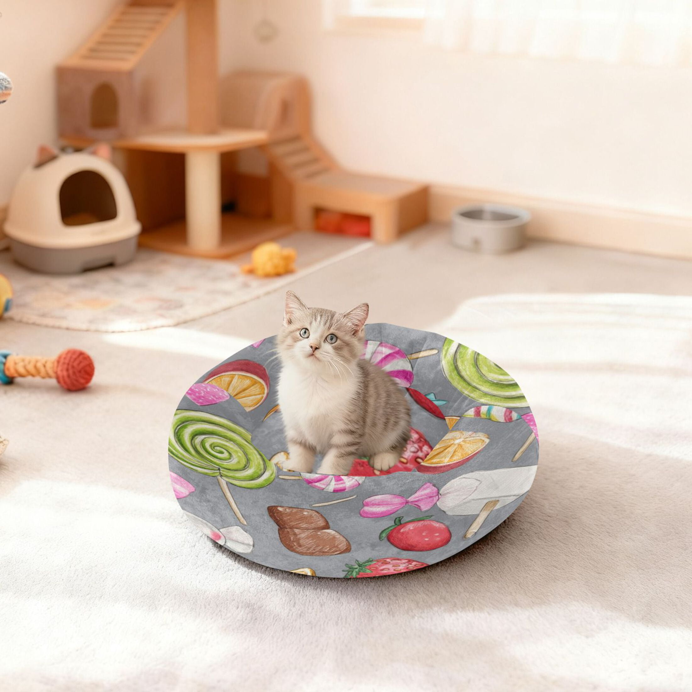 Iauyy Pet Couch Donut Cat Bed for Indoor Cats/Small Dogs Washable & Machine with Non-slip Bottom Calming Cat Furniture, Candies and Fruit Candies (M)