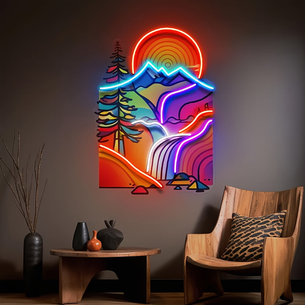 USB-Powered Neon Mountain Wall Lamp - Vibrant Sunset Landscape with Pine Trees & Waterfall, Abstract Pop Art Wall Decor for Home, Office, Cafe or Restaurant. Colorful Plastic Wall-Mounted Neon Sign L