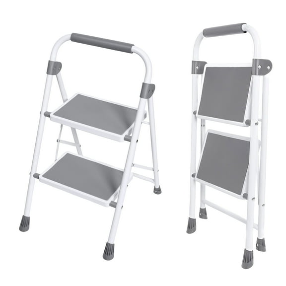 JIOABL 2 step ladder with Non-Slip Pedals and Comfortable Handrails - Portable Steel Ladder with 800 lbs Capacity - Ideal for Kitchen, Garage, and Outdoor Use -Gray