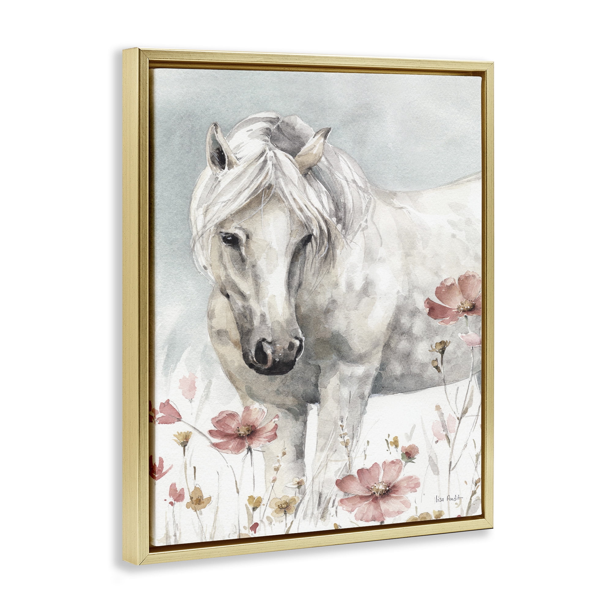 Stupell Industries Horse with Pink Flowers Animals & Insects Painting Gold Floater Framed Canvas Art Print Wall Art, 25 x 31