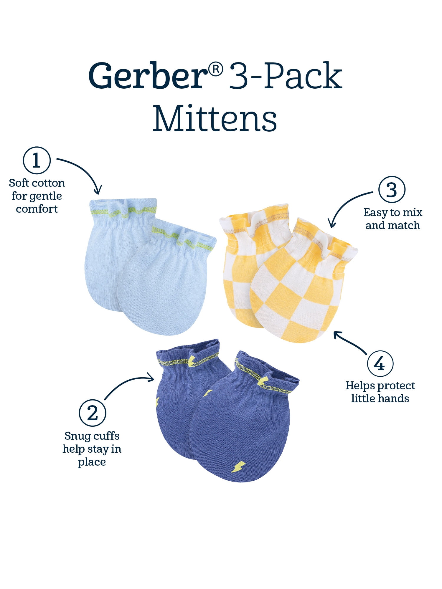 Gerber Baby Boy Adjustable Cotton Mittens, 3-Pack, 0/6 Months