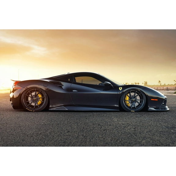 Black Ferrari 488 GTB Sports Car Gravel Road Art Wall Decor - 12x18 Inch Laminated Poster - Stunning Detail and Bold Colors