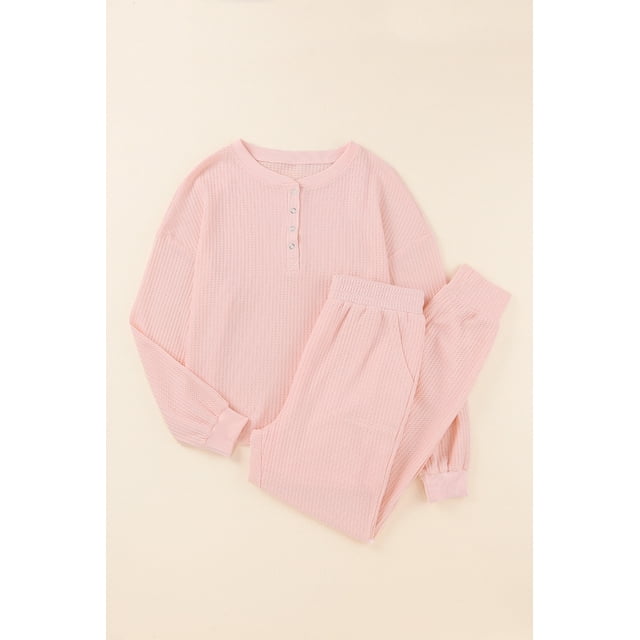 ABPHQTO Conjunto de ropa de casa de manga larga de punto gofrado térmico rosa para mujer