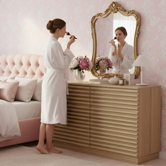 47" Light Brown Modern Natural Oak Wide Fluted 6-Drawer Dresser for Bedroom