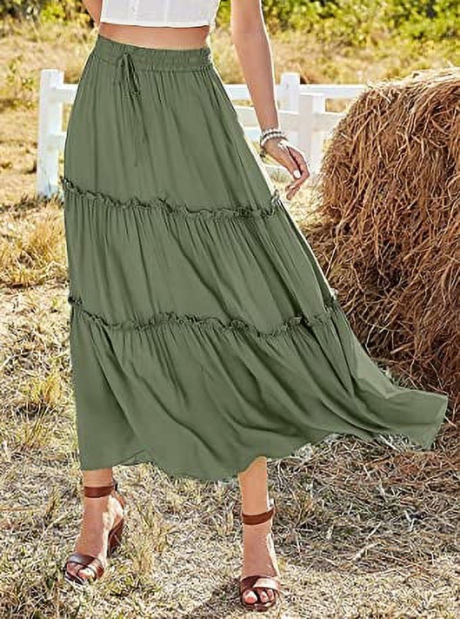 Roaso Women's High Waist Long Skirts Ruffle Causal Elastic A Line Maxi ...