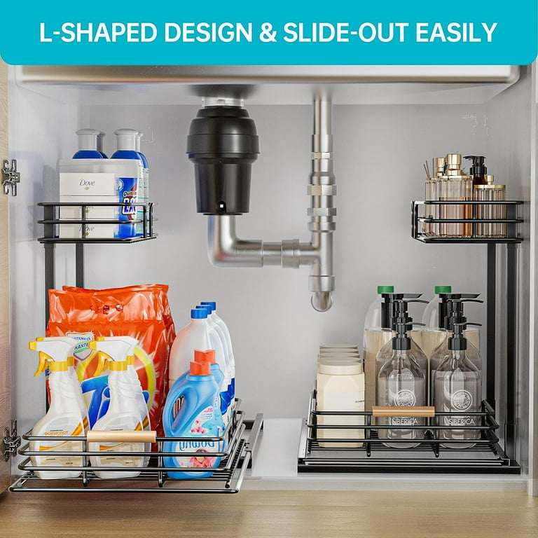 Metal Under Sink Kitchen Organizer with Cups and Hooks, 2 Tier L Shaped  Rack Pull Out Under Sink Storage with Sliding Drawer, Multifunction Cabinet