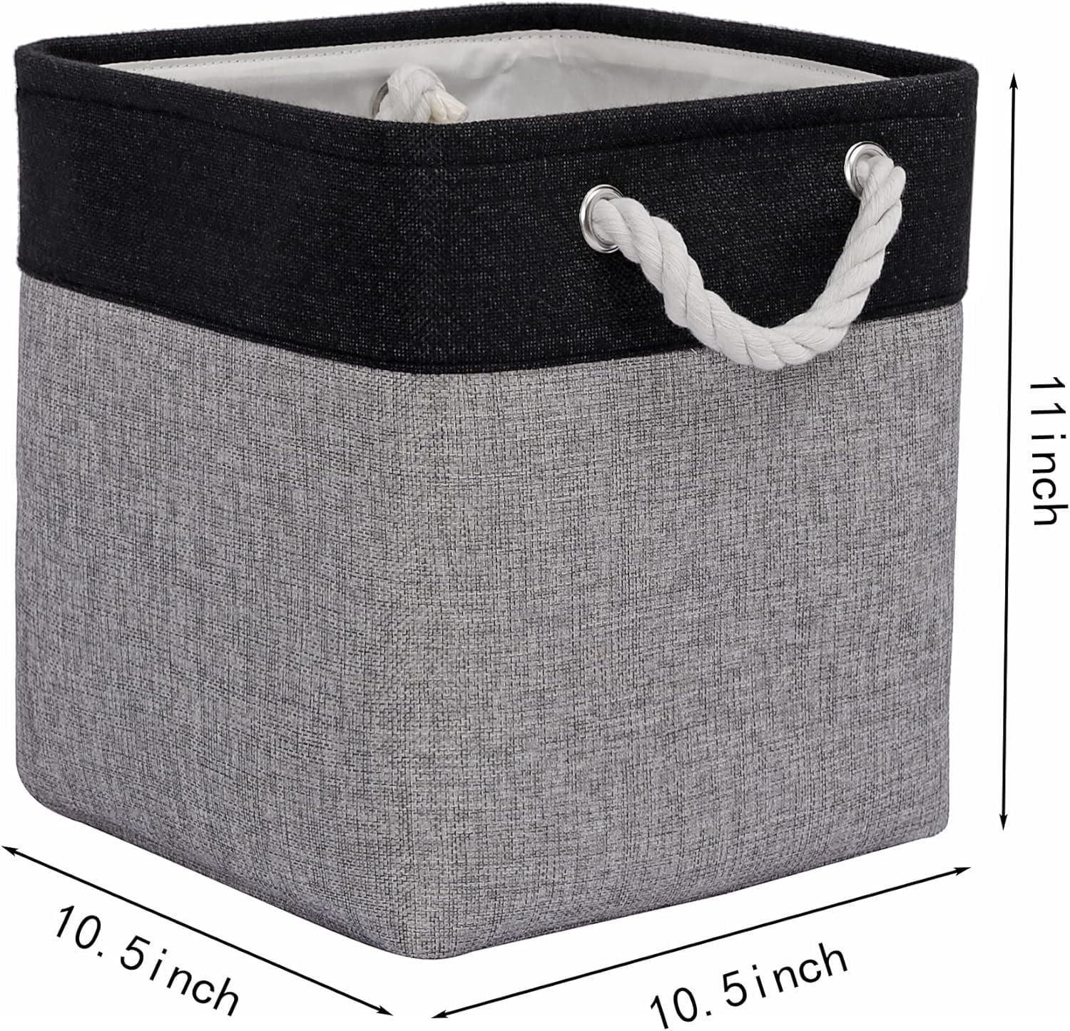 Large Cube Storage Baskets (10.5 × 10.5 × 11 inches), Canvas Fabric Collapsible Storage Boxes with Cotton Handles for Closet, Shelves, Clothes, Toys, Towel (Black&Grey-6Pack)