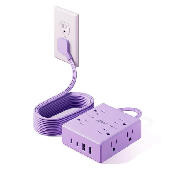 Power Strip SUPERDANNY, enchufe plano de 10 pies, 8 enchufes, 4 USB, morado