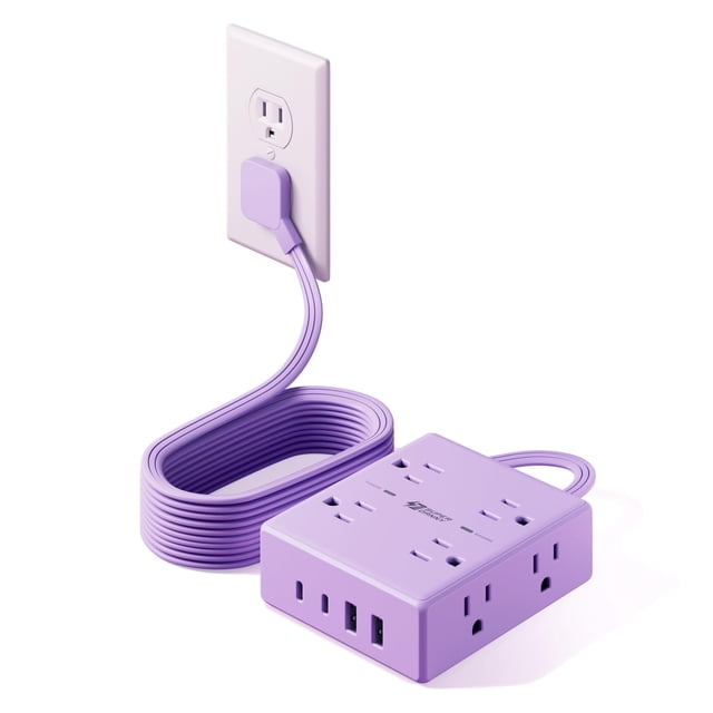 Power Strip SUPERDANNY, enchufe plano de 10 pies, 8 enchufes, 4 USB, morado