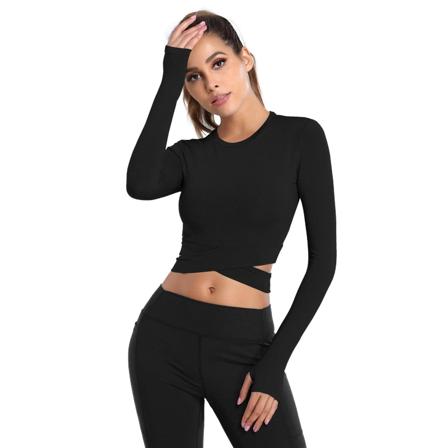 Long Sleeve Crop Tops for Women Tummy Cross Fitted Yoga Running Shirts Gym  Workout Cropped Tank Tops - Walmart.com