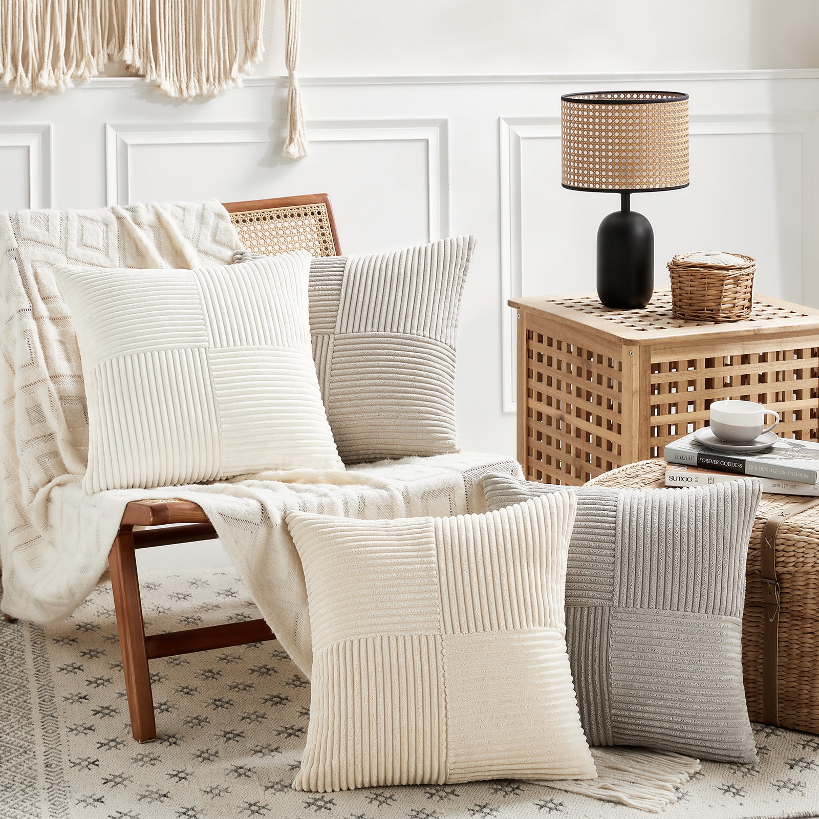 Fancy Homi 2 Packs Neutral Taupe Big Decorative Throw Pillow Covers 24x24 Inch for Couch Bed Sofa, Rustic Farmhouse Boho Home Decor, Soft Corss Corduroy Patchwork Accent Square Cushion Case 60x60 cm