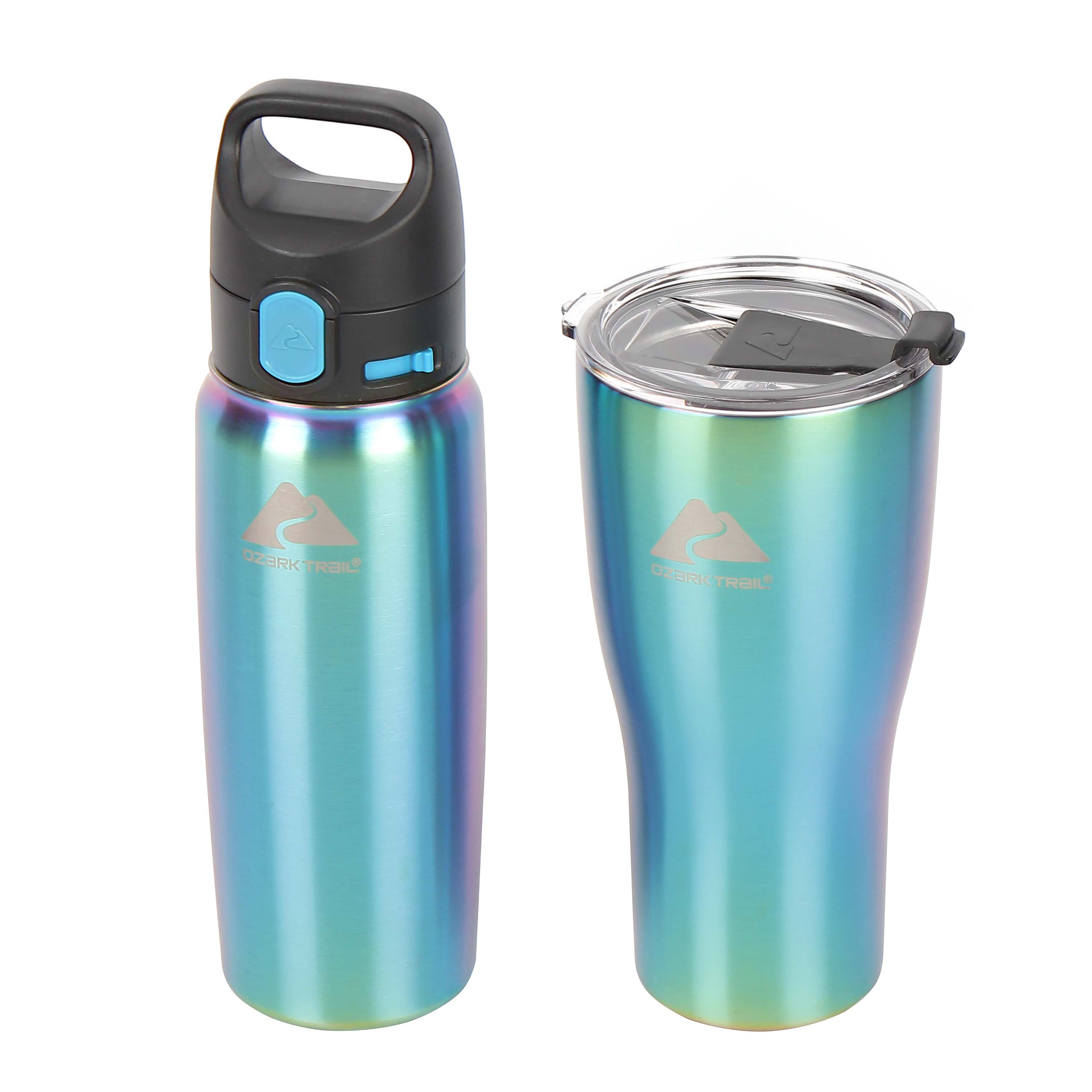 Ozark Trail 2 Pack Stainless Steel 32 oz Vacuum Tumbler and 24 oz Travel Bottle Combo, Iridescent Turquoise