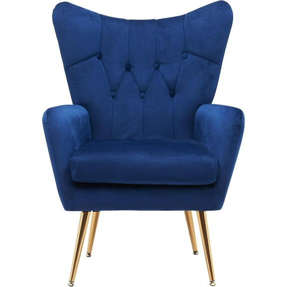 US Pride Furniture Modern Chic Mid-Century Velvet Accent Armchair for Living Room Bedroom or Home Office Button-Tufted Wingback Design with Gold Flared Legs Navy Blue