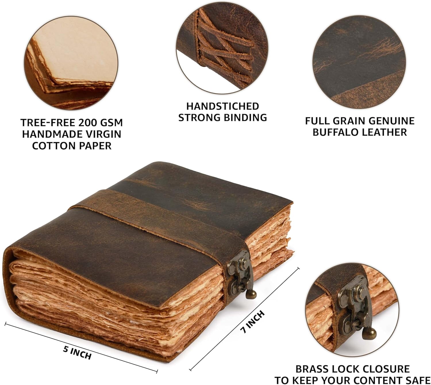 Leather Journal - Antique Handmade Deckle Edge Vintage Paper - Vintage Book of Shadows Journal for Women & Men - Lock Closure - 200 Pages