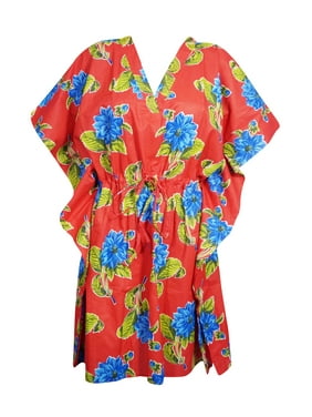 Mogul Women Red Blue Floral Tunic Dress Cotton Kimono Sleeves Knee Length Comfy Loose Kaftan Beach Cover Up Short Caftan Dresses 3X