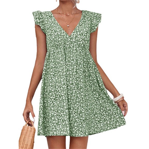 Deep V-Neck Women Floral Print Puff Sleeve Mini Dress