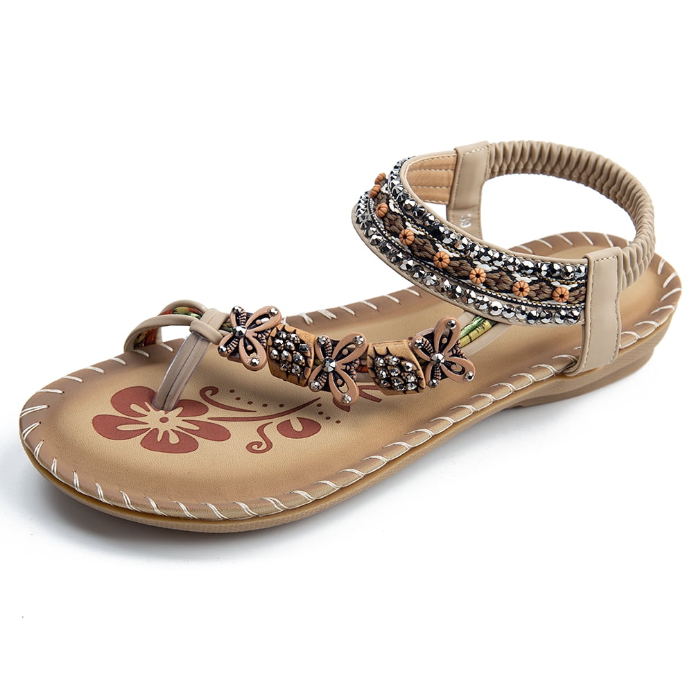 Womens Flats Sandals Summer Gladiator Bohemian Beaded Dress Shoes