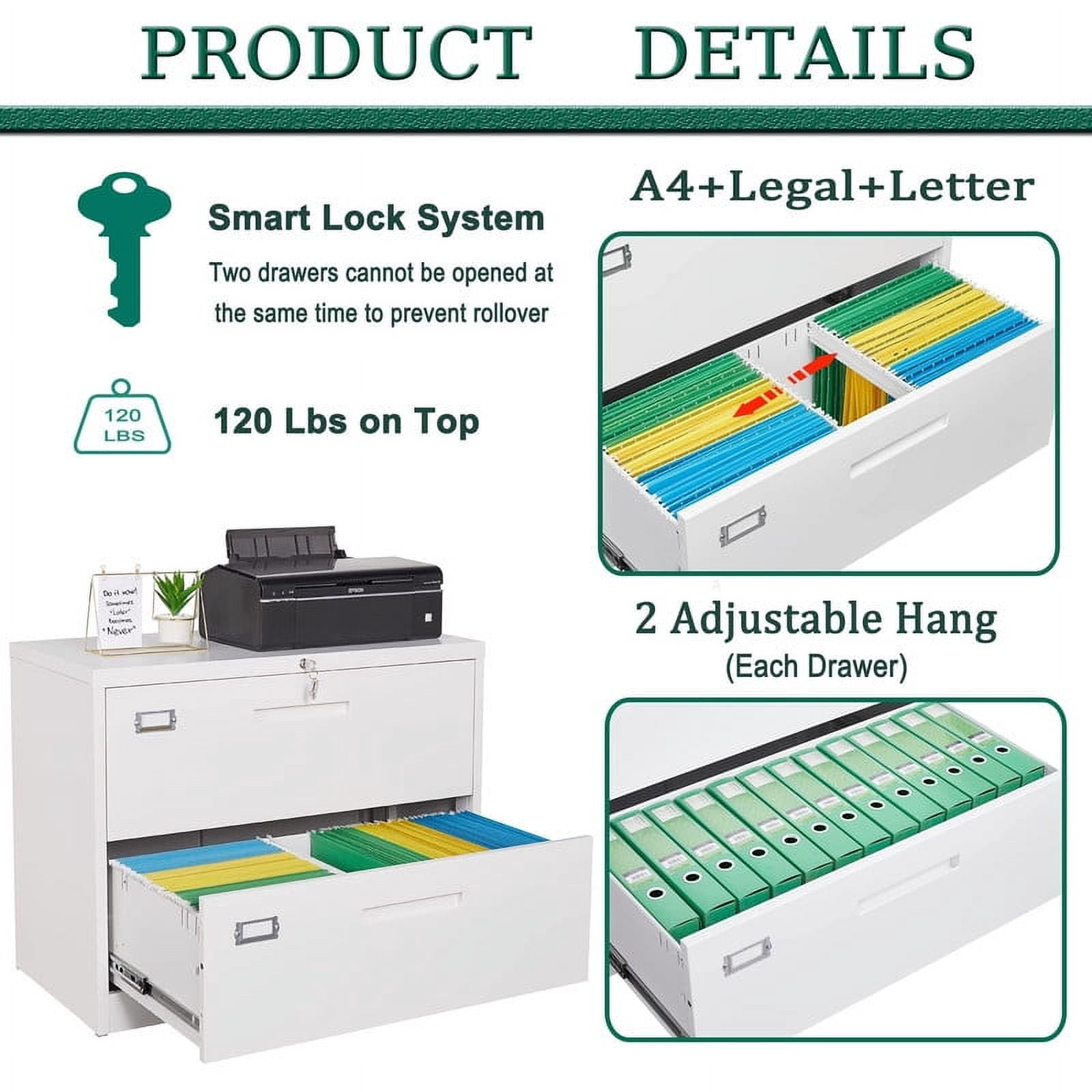 MIIIKO 2 Drawer Lateral File Cabinet with Lock, White Lateral Filing Cabinet for Legal/Letter A4 Size, Locking Wide File Cabinet for Home Office, Metal