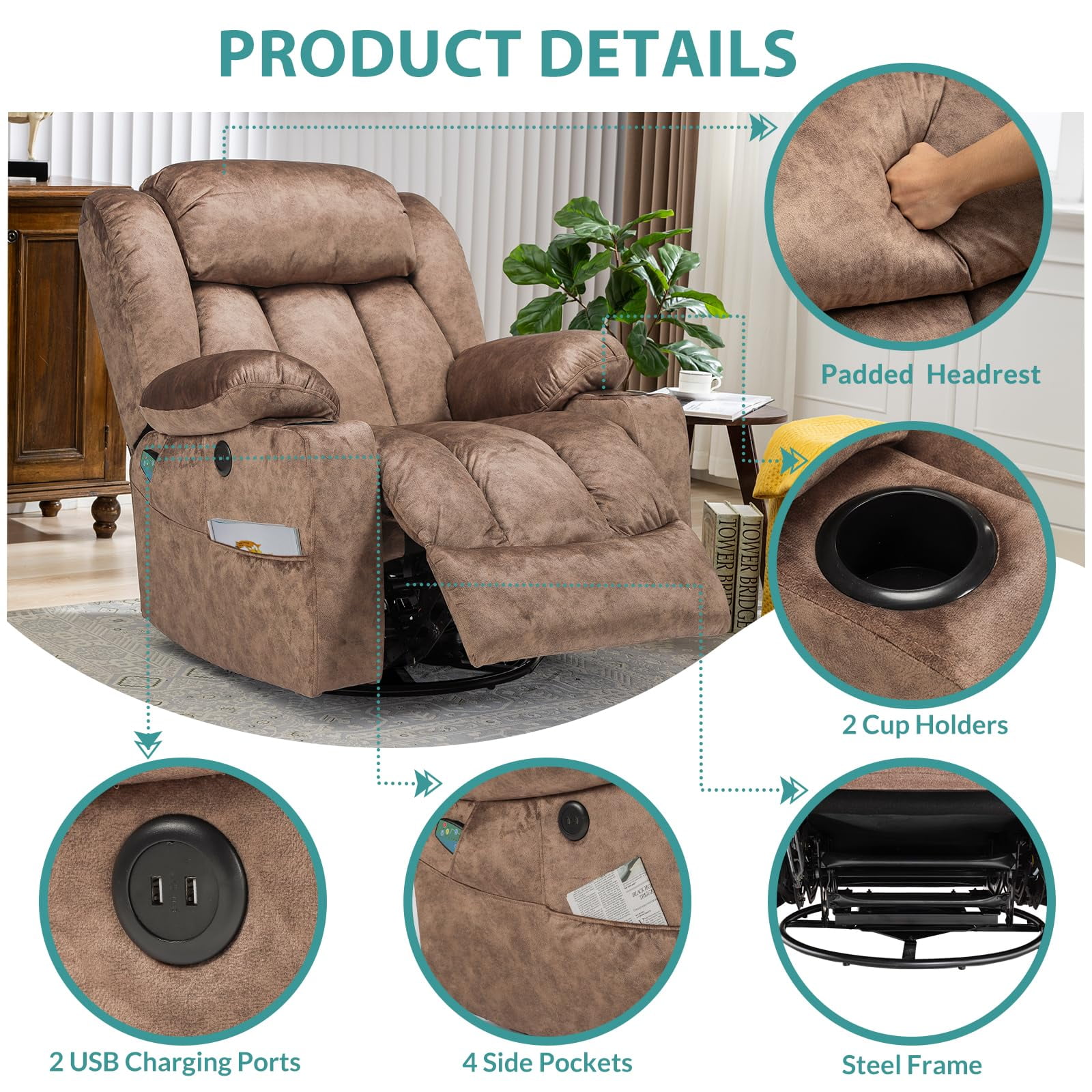 MEETWARM Massage Swivel Rocker Recliner, Manual Glider Rocking Recliner Chair with Heat and Vibration, 360°Swivel Lounge Reclining Chair with USB Ports/Cup Holder/Remote Control(Plush-Brown)