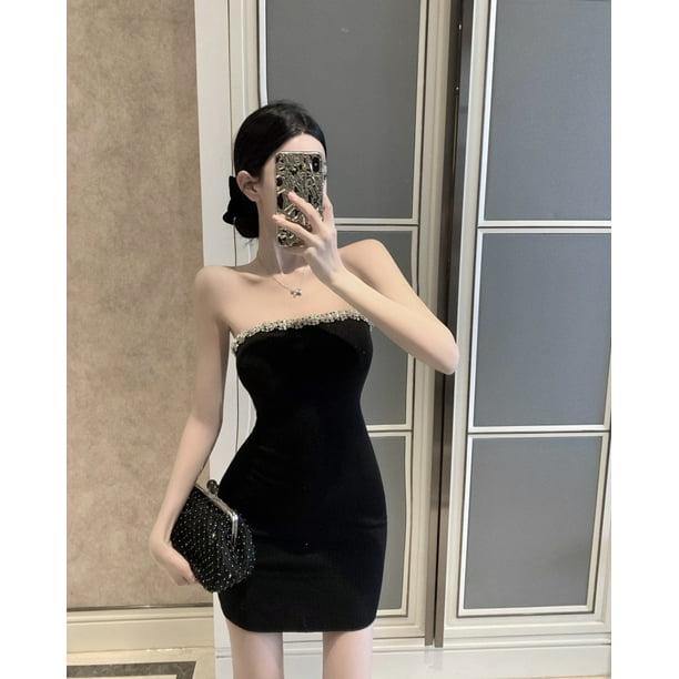 VISgogo Vestido ajustado para mujer, diamantes de imitación, sin