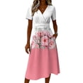 thumbnail image 4 of Women Smooth Polyester Wrap V Neck Short Sleeve Floral Print High Waist Split Hem Casual Midi Dress 07-Pink M, 4 of 5