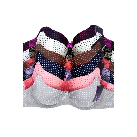 Sofra Intimate Sets | 6-Pack Full Coverage Contrast Pin Dot Print Bra with Lace Accent, Size (Best Bra For 34b)