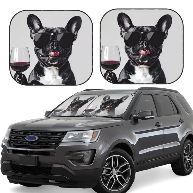 Fotbe Cool French Bulldog Wine 2-Piece Car Windshield Sun Shade | Sun Blocker for Car Windshield | Foldable Automotive Interior Accessories for Sun Protection-Small