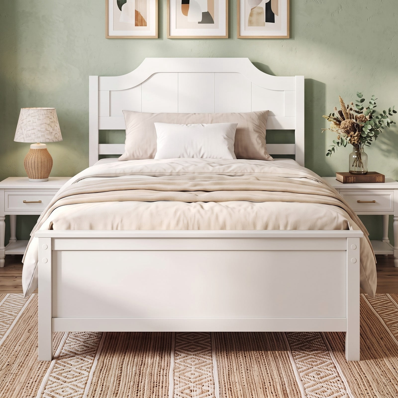 Furnibear Twin Bed Frame Solid Wood Platform Bed with Curved Headboard and Footboard, Wood Bed Frame with Headboard No Box Spring, White