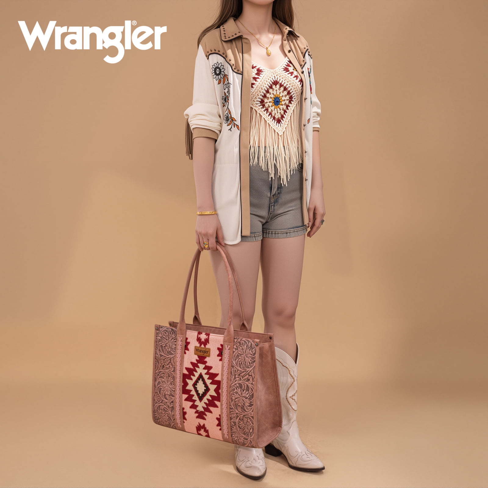 Wrangler Aztec Tote Bag for Women Western Shoulder Purse Top Handle Handbag Stylish and Functional Aztec Design， Dark Pink