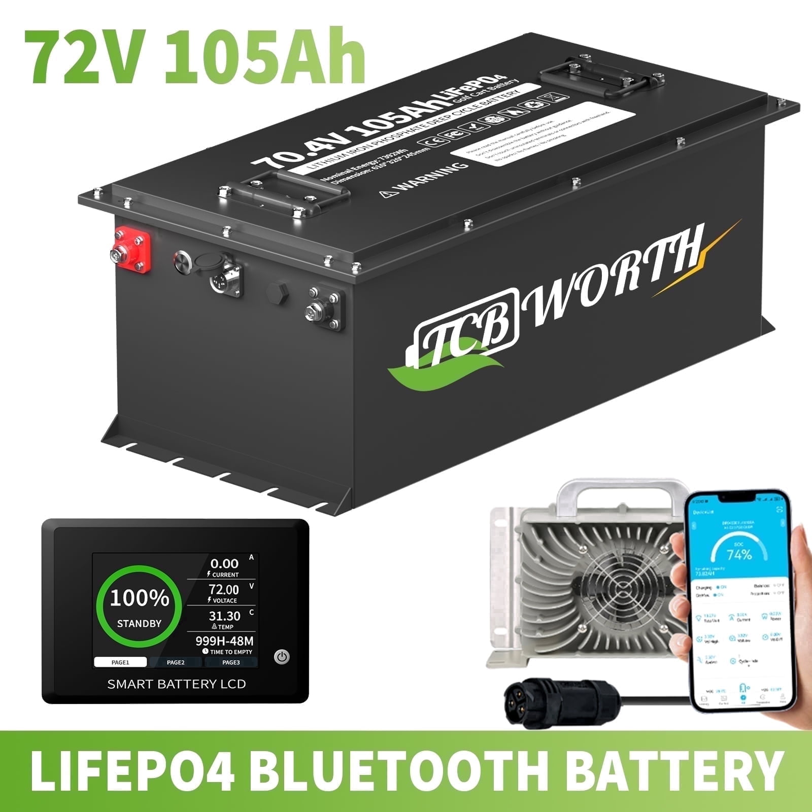 72V 105Ah Golf Carts Lithium Battery Bluetooth,with Touch Monitor & Charger & Mobile APP,15000+ Deep Cycles,Built in 200A BMS