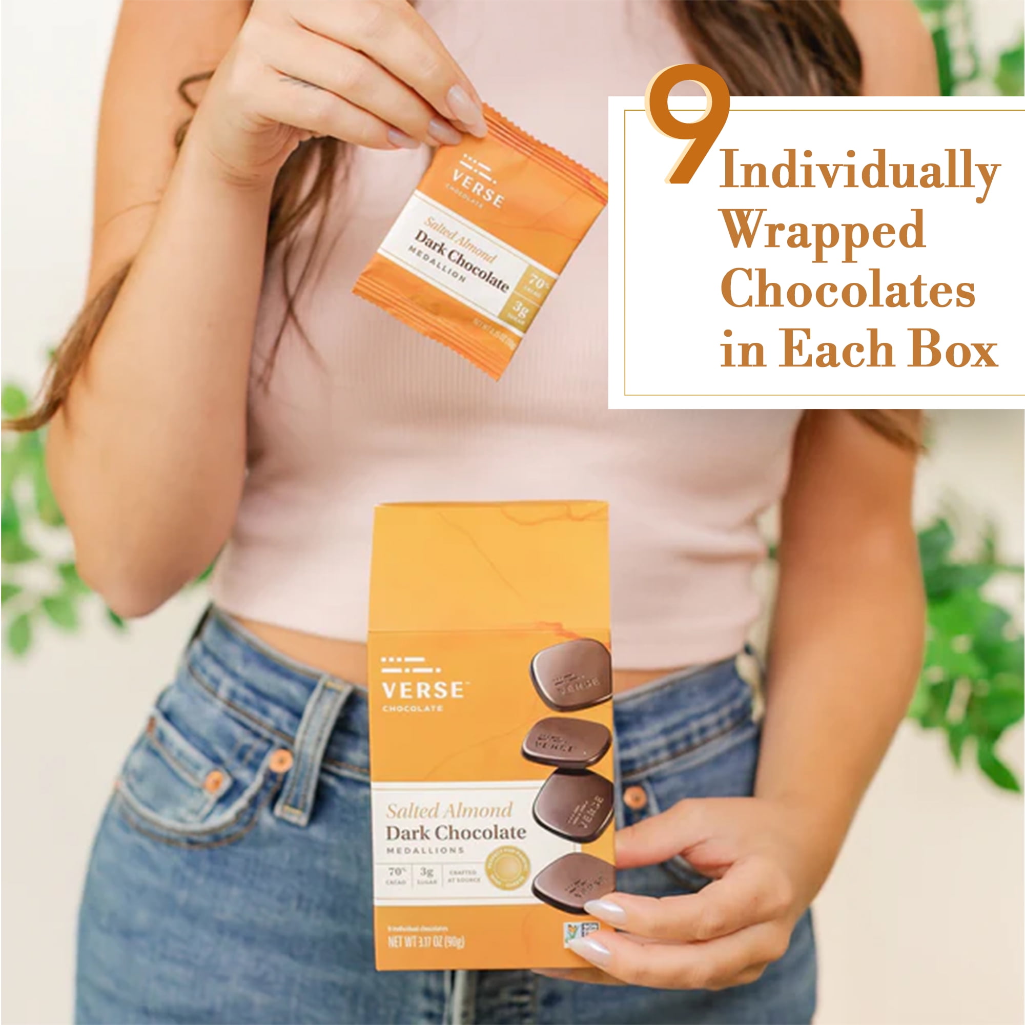Verse 70% Dark Chocolate with Almonds - Gluten Free, Keto Low Sugar Snack - Crunchy Salted Almond - Only 3g Cane Sugar - Individually Wrapped Vegan Dark Fine Chocolates Squares (9 Count, 4 Pack)
