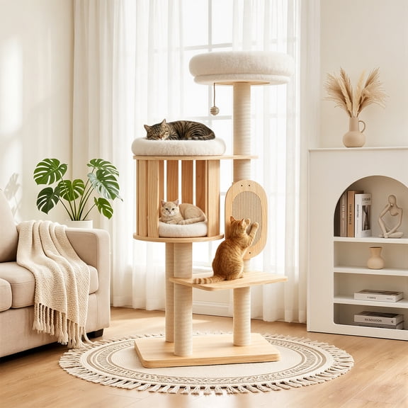 CANVORA 50" Modern Cat Tree for Indoor Cats Small to Medium, Solid Wood Cat Tower with Sisal Scratching Posts, Cat Scratcher Cardboard, Cozy Cat Beds & Hidden Cat Condo, Multi-Level Cat Furniture