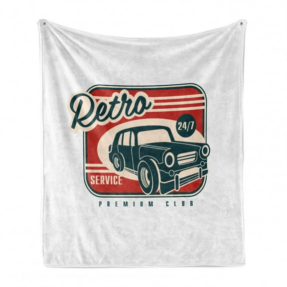 Auto Mechanic Soft Flannel Fleece Throw Blanket, Retro Service Premium Club Lettering with Old Car, Cozy Plush for Indoor and Outdoor Use, 70" x 90", Vermilion Champagne, by Ambesonne