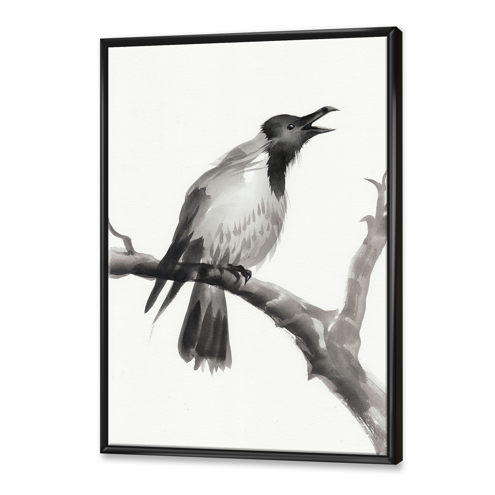 Designart 'Monochrome Crying Crow On A Branch' Traditional Framed Canvas Wall Art Print