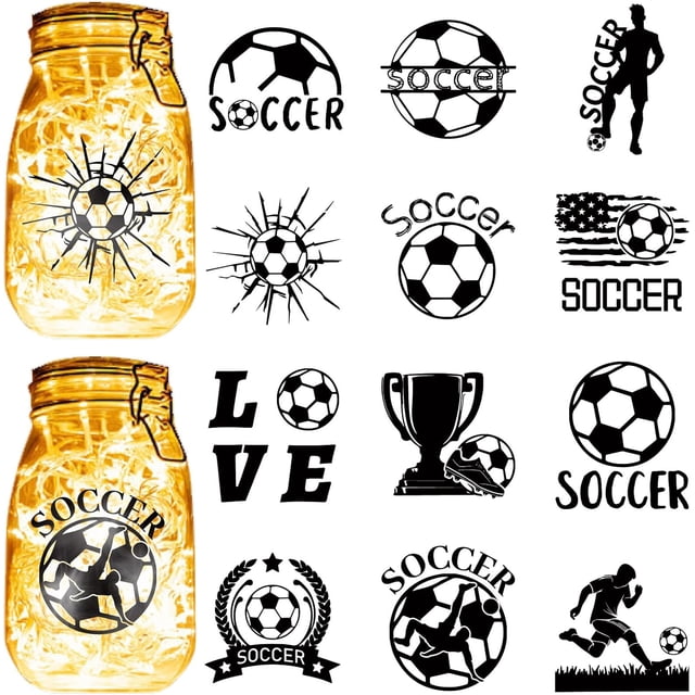 12 siluetas de fútbol para decorar tarros de cristal, de cartón cortado con láser, para trofeos de fútbol, recortes de amor para álbumes de recortes, troqueles de PVC.